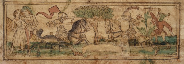 Tournament scene with fool and lovers, c. 1480/90, woodcut (gray print), colored (unique), unique,
