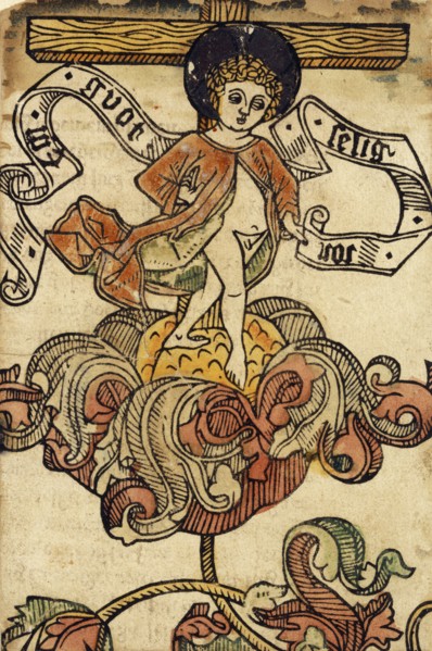 The Christ Child on a Blossom (New Year's Greetings), c. 1470, woodcut, colored (Unikum), traces of