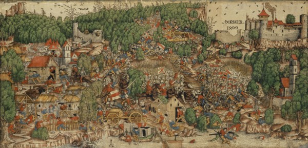 The Battle of Dorneck 1499, c. 1510, woodcut of three sticks, colored, leaf: appr. 40.9 x 85 cm,