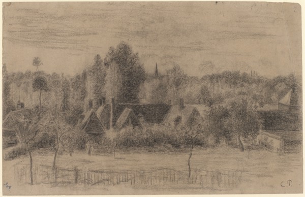 Village in the plain, chalk in black, leaf: 30.7 x 47.5 cm (largest mass), U. r., monogrammed with