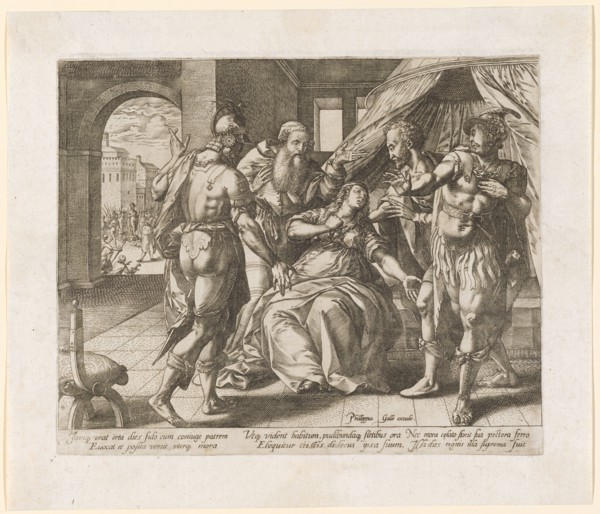 Lucretia's suicide, 1578/79, copperplate, plate: 20.6 x 25 cm |, Leaf: 25.9 x 30.1 cm, U. M. r.,