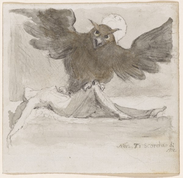 Owl with outstretched wings above a lying woman, circa 1820, chalk, gray and brownish washed,