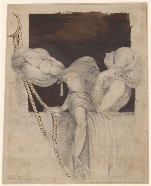 Two girls, looking up from a cabin window, 1779, pencil, pen in brown, washed, and gouache in brown