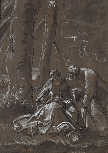 The hl., Family in the landscape, 1512, pen in black, gray washed, heightened in white, on paper