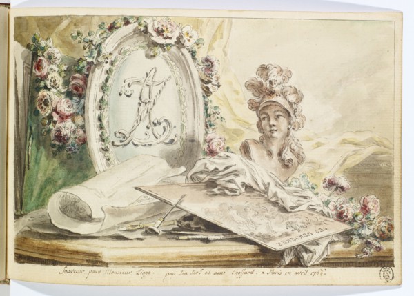 Entry in the genealogy of Adrian Zingg: flower-crowned monogram by Adrian Zingg, in front Minerva