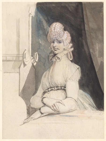 Mrs. Fuseli, at a table in front of a niche with a drapery, 1799, pencil and brush in gray, washed