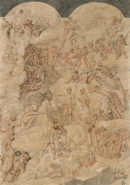Battle of the Titans and Gods, 1795, feather (black), gray washed, reddish and brown watercolored,