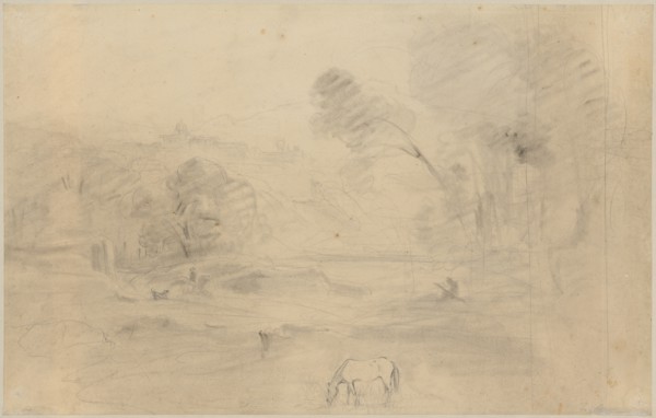 Roman Campagna with distant view of San Pietro in Montorio, 1827, pen over pencil on brownish