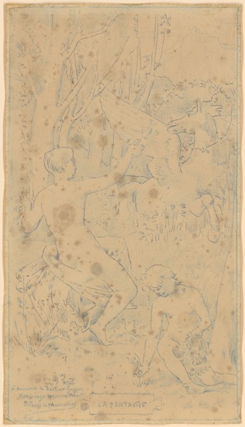 Composition study on La Fantaisie, feather in blue and colored pencil in blue, Frame in blue