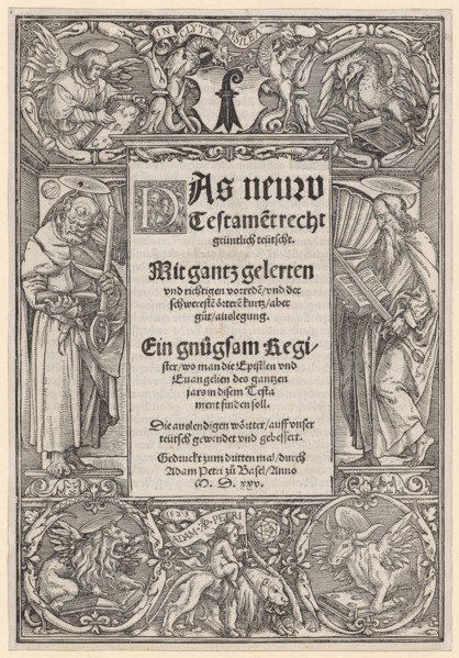 Title enclosure with the hl., Peter and Paul, the coat of arms of Basel and the motto of Adam