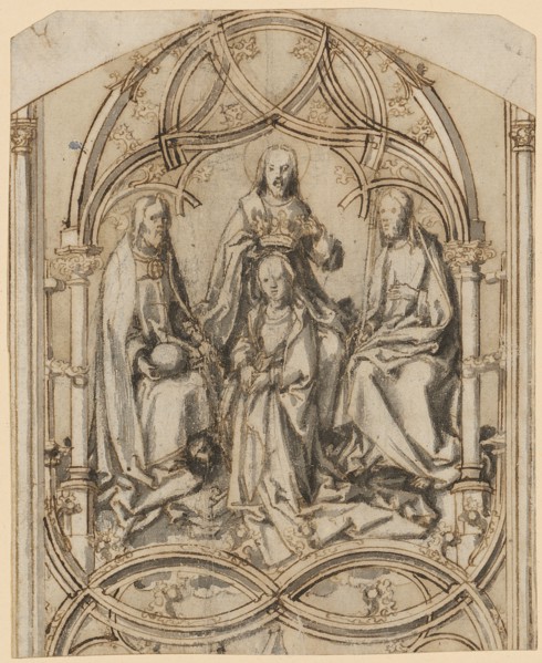 Coronation of the Virgin Mary, feather in brown, traces of a chalk outline, gray wash, background