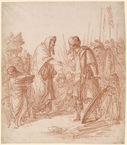 The encounter of Abraham and Melchizedek, red chalk, sheet: 48.3 x 42.1 cm, U. l., Inscribed: IOHE