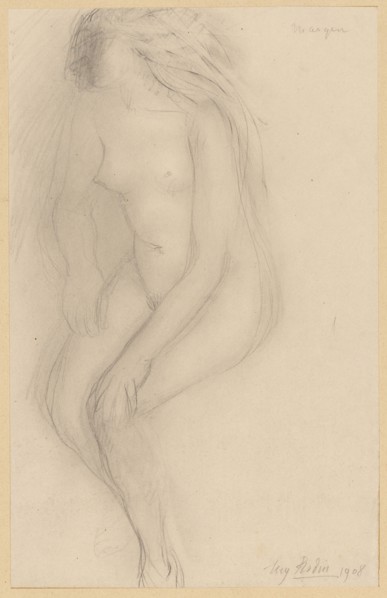 Sitting female nude with head turned away, 1908, pencil, wiped, sheet: 31.1 x 14.8 cm, U. r.,