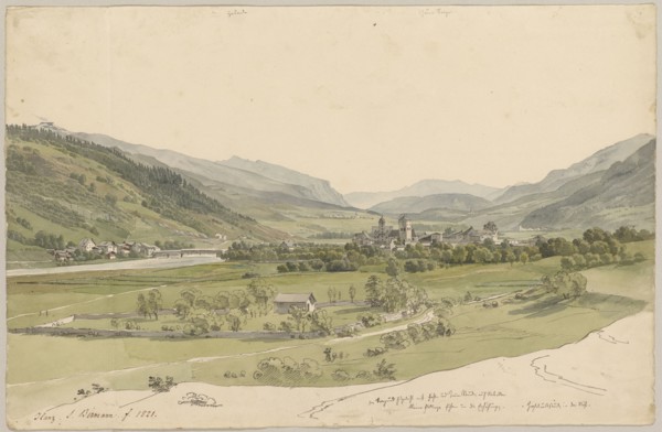 Ilanz, 1821, pencil, pen and watercolor, sheet: 25 x 38.2 cm, l., inscribed with pen, signed and
