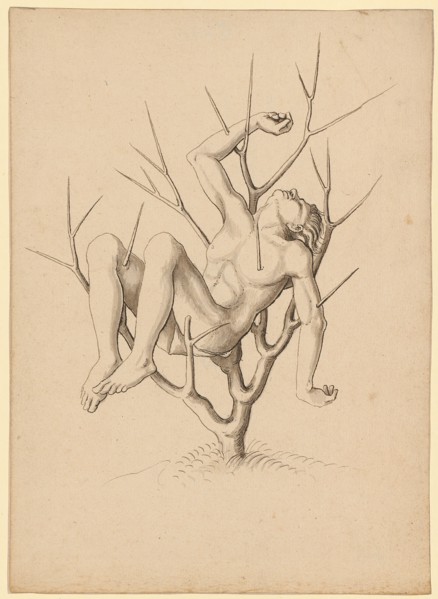 Martyr, impaled in thorn bush, feather in black, gray wash, sheet: 21.5 x 15.4 cm, unsigned, Jörg