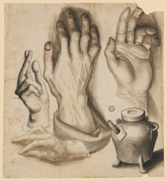 Four studies of hands and a cauldron, c. 1500, pen in brown and black, gray-brown washed, some red