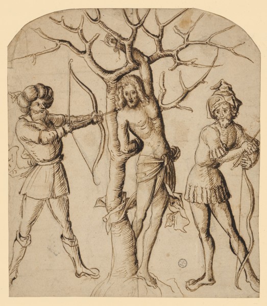 The torture of St., Sebastian, c. 1500, quill in brown, over a light carbon copy, laminated, page: