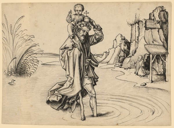 Saint Christopher, feather in black, leaf: 20.7 x 28.8 cm, unsigned, Martin Schongauer, (Umkreis /