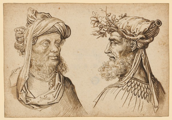 Two oriental heads, feather in brown, leaf: 11 x 16 cm, not marked, Martin Schongauer, (Kopie nach