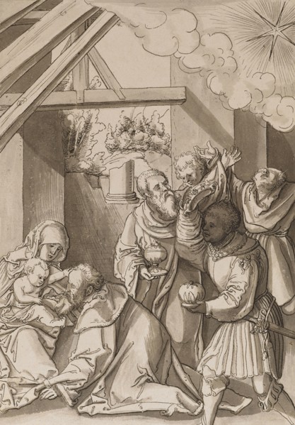 The Adoration of the Magi, feather in black, greyish-brown washed, page: 23.3 x 16.5 cm, unsigned,