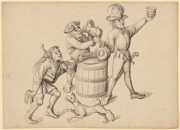 Three Munching Peasants and a Dog, Early 16th C., Feather in Black Brown, Leaf: 15.8 x 22 cm,