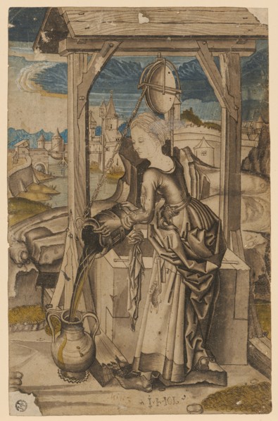 The Samaritan Woman at the Fountain, c. 1500, feather in brown, greyish brown washed, watercolored,