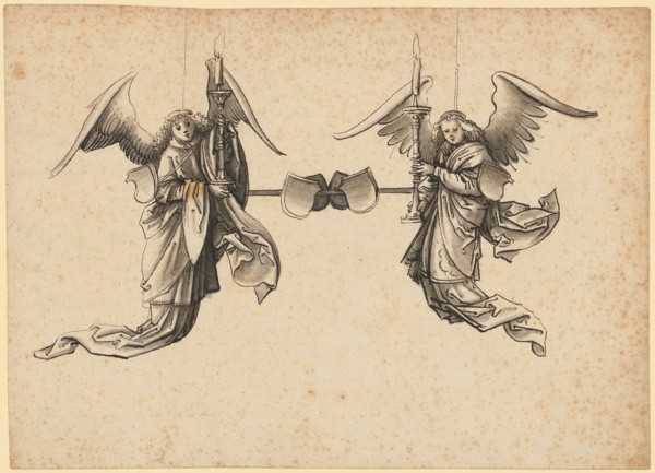 Candlestick design with two angels, feather in dark brown, gray-brown washed, page: 15.3 x 21.1 cm,
