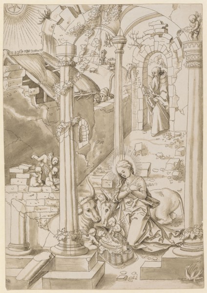 The Nativity (adoration of the child), feather in brown, brown washed, page: 30.9 x 21.4 cm,
