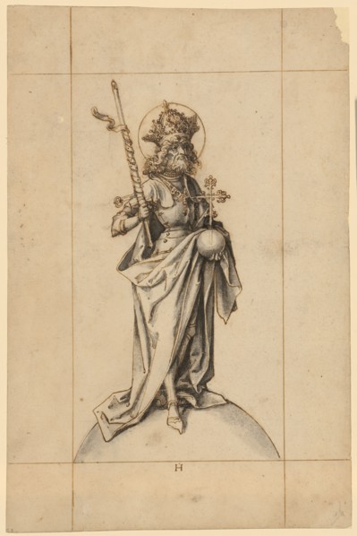 Emperor Henry the Holy, c. 1500, quill in brown, over traces of charcoal engraving, gray washed,