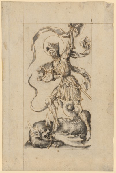 The hl., George in the Dragon Battle, c. 1500, quill in brown, over traces of charcoal drafting,
