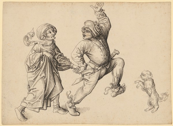 Dancing Farmer Couple with Dog, Early 16th C., Feather in Blackbrown, Journal: 15.8 x 21.9 cm,