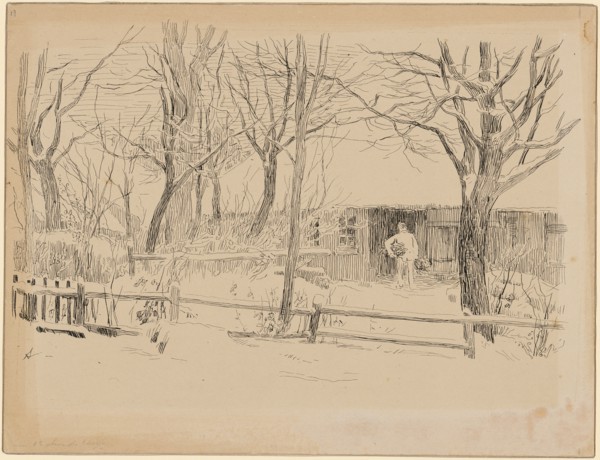 Dursli with two bundles of wood in front of his house., Illustrated illustration for Jeremias