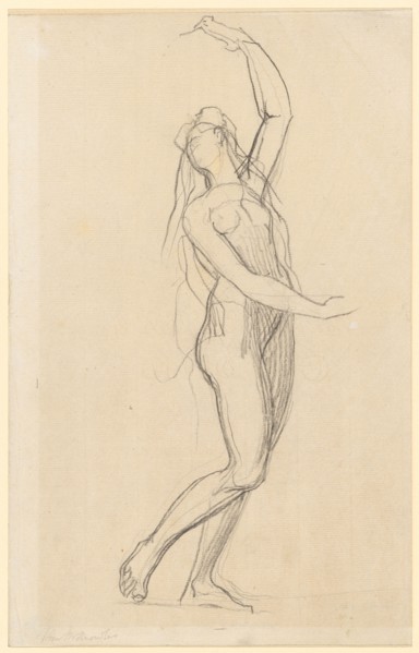 Female nude with raised left arm, black chalk over pencil, laminated on half board, Sheet: 32.1 x