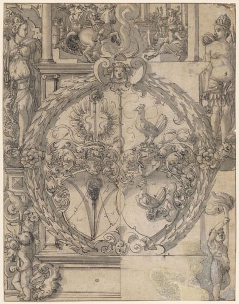 Broken glass with the alliance coat of arms Bischoff-Han, flanked above by Europe and America, in