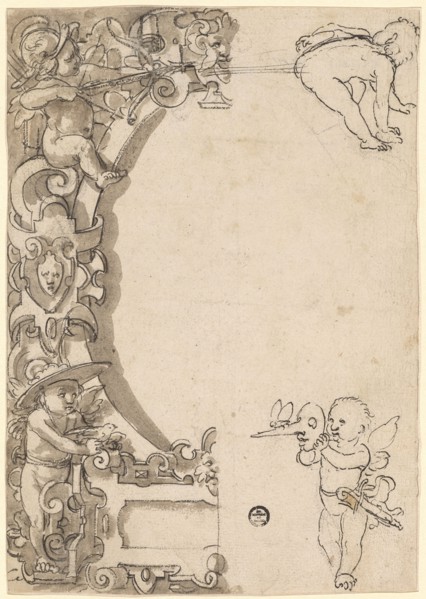 Broken glass with oval frame and empty middle picture, in the corners putti, c. 1570/75, feather in