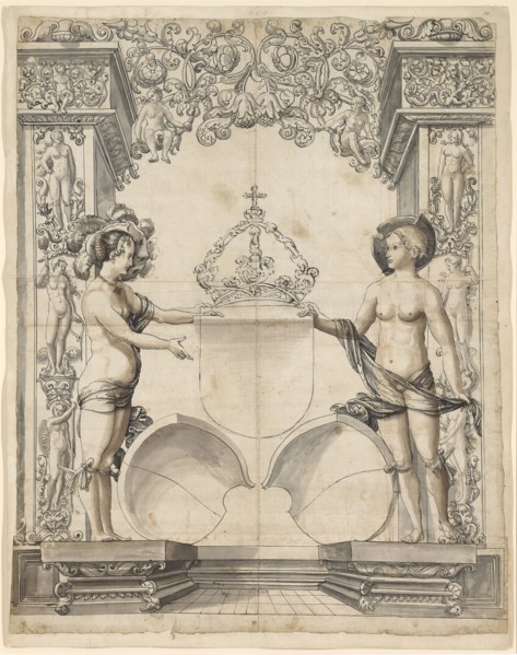 Broken glass with two naked girls as shield attendants and the coat of arms of Solothurn,