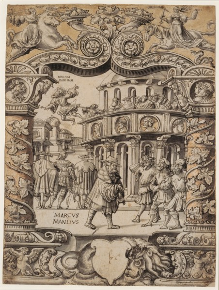 Disc rupture with the story of Marcus Manlius, below blank escutcheon, in the upper picture Fortuna