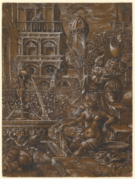 Bathsheba in Bath, 1578, feather in black, heightened with white, on dark brown primed paper,