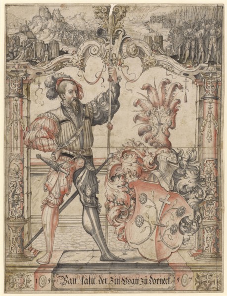 Disc tear with warrior as a shield companion and the coat of arms of Beat Cold Dorneck, Vogt of