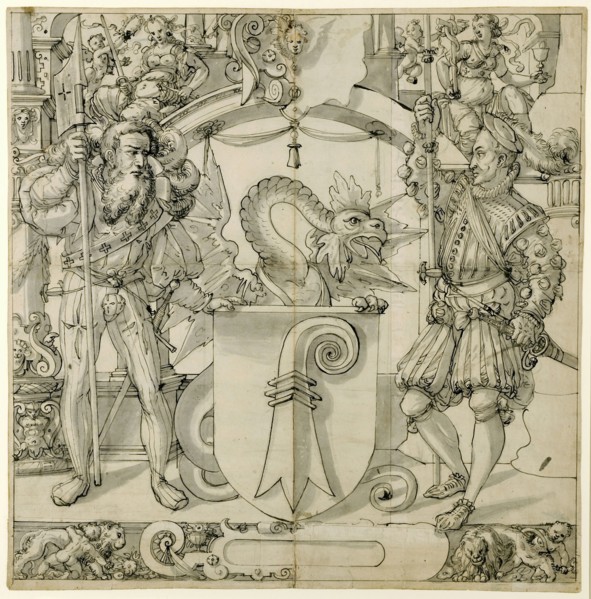 Slice with two warriors and Basler coat of arms, in the upper pictures Justitia and Fides, pen in