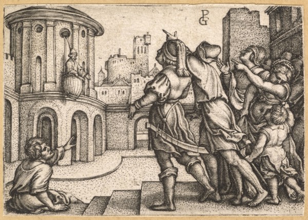 Vergil in the basket, around 1541/42, copperplate engraving on paper, mounted in adhesive tape,