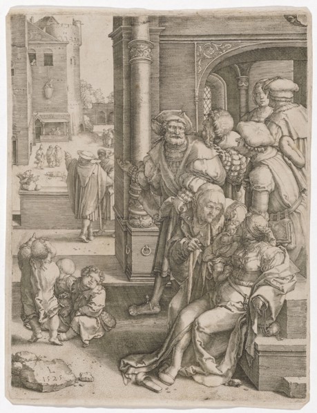 Vergil in the basket, 1525, copperplate engraving, sheet: 24.3 x 18.8 cm, U. l., Monogrammed and