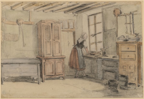Kitchen with maid, chalk in black, watercolor, mounted, leaf: 19.9 x 29.4 cm, not marked, Benjamin
