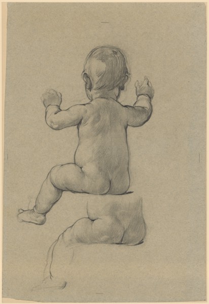 Sitting child act, back view, pencil on gray-blue paper, mounted, leaf: 34.7 x 23.6 cm, not marked,