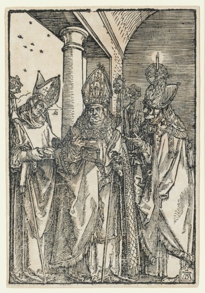 The Holy Bishops Nicholas, Ulrich and Erasmus, around 1505 (print later), woodcut, image: 21.3 x 14