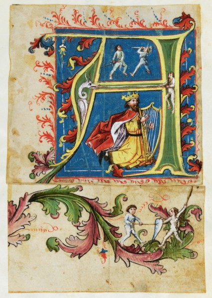 Initial A with the harp playing King David and Wilden people, Fragment of a leaf tendril with duel