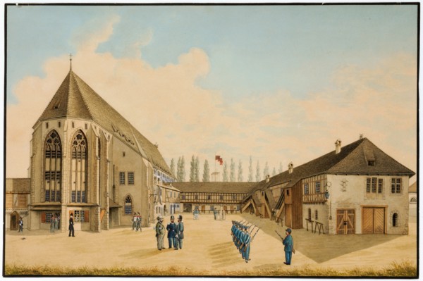 Barracks yard in the former monastery Klingental in Basel, feather in black over pencil, watercolor