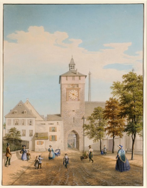 The Bläsitor seen in Kleinbasel from the Bläsistrasse (today: Klybeckstrasse), 1865, pen in gray,