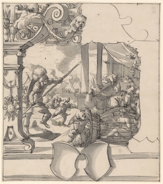 Broken glass with David's fight against Goliath and Narrenfalle, including two empty escutcheons, c