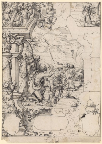 Slice tear with baptism of Christ, in the upper pictures sermon of John the Baptist and Christ as